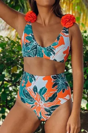 Dahlia Print Tropical High Waisted Bikini