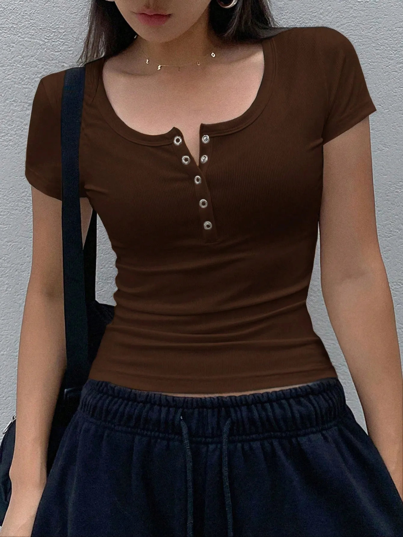 Dazy Star Women's Short Sleeve T-Shirt With Henley Neckline