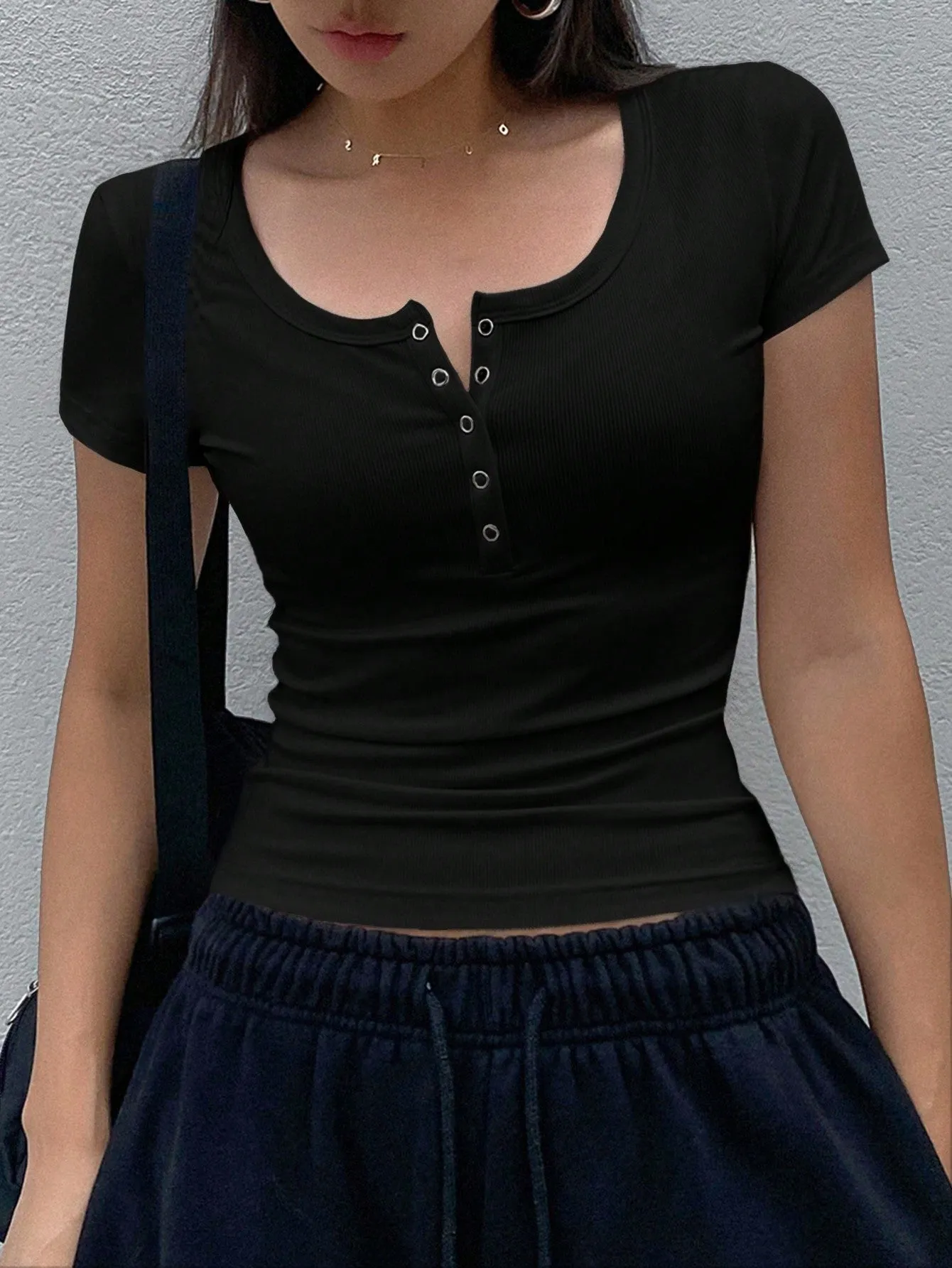 Dazy Star Women's Short Sleeve T-Shirt With Henley Neckline