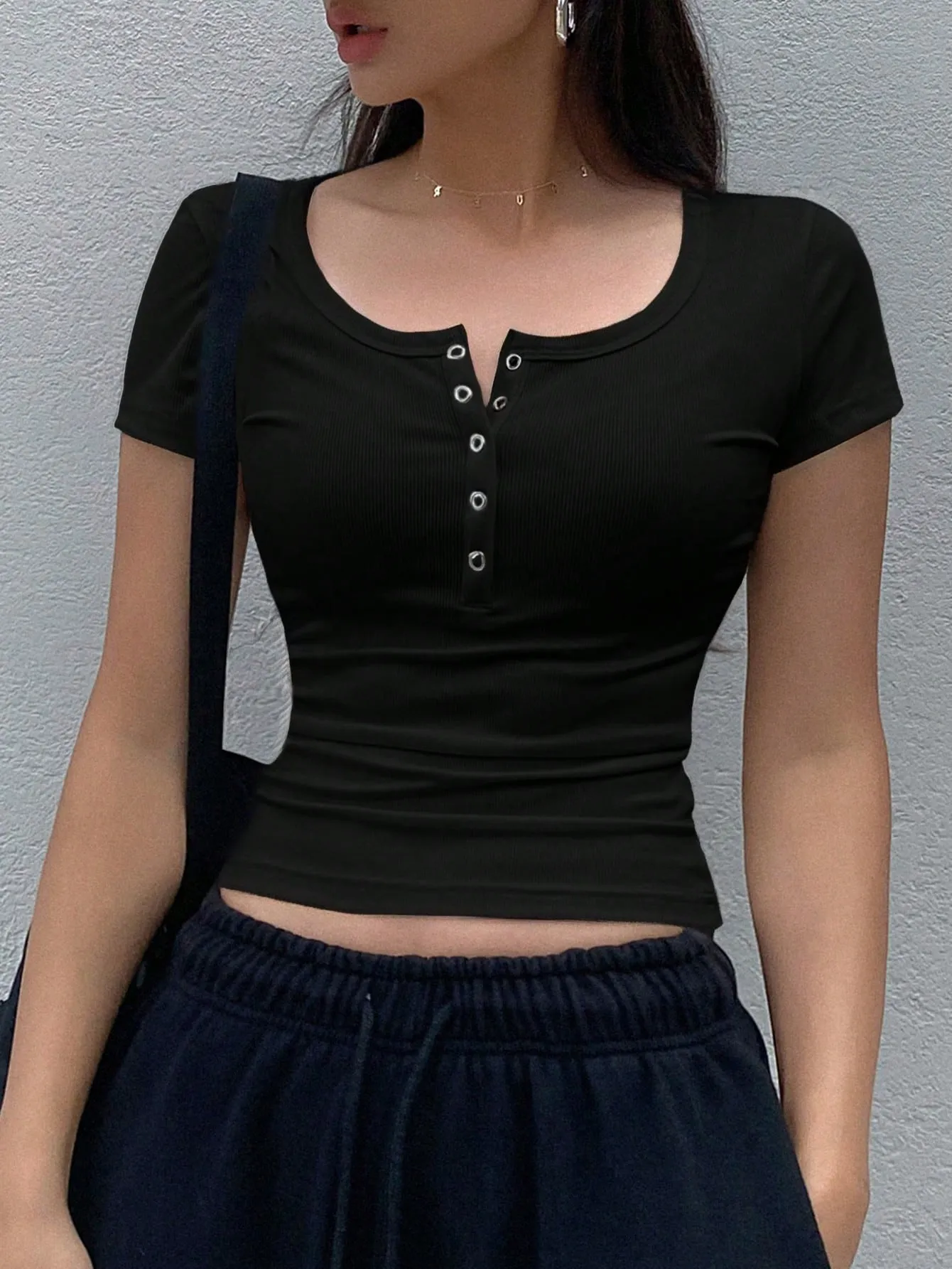 Dazy Star Women's Short Sleeve T-Shirt With Henley Neckline