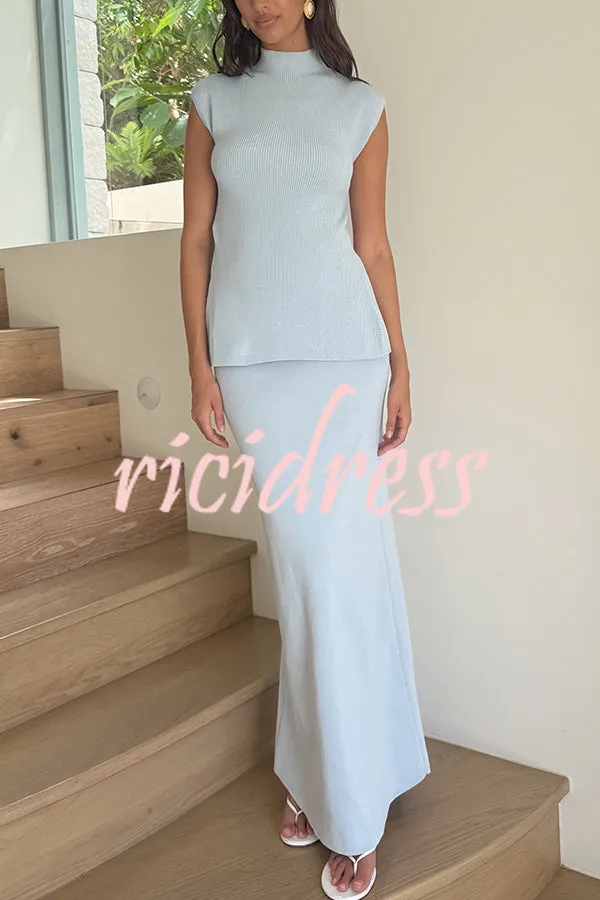 Effortless Chic Ribbed Knit High Neck Open Back Stretch Top