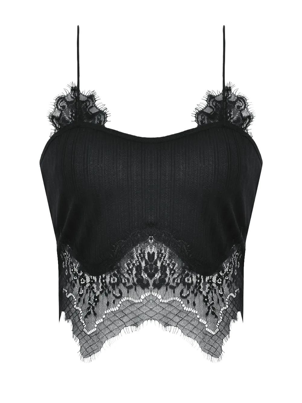 Elegant Black Lace Trimmed Ribbed Camisole Top