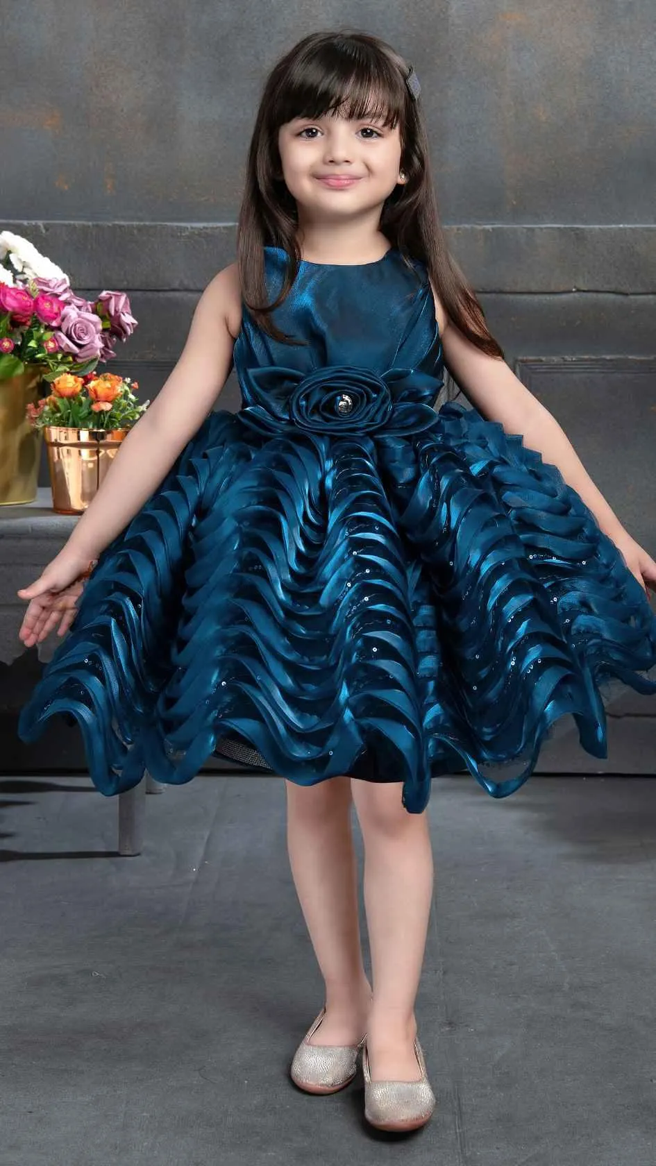 Elegant Blue Satin Multi-layered Party Frock With Floral Embellishment For Girls