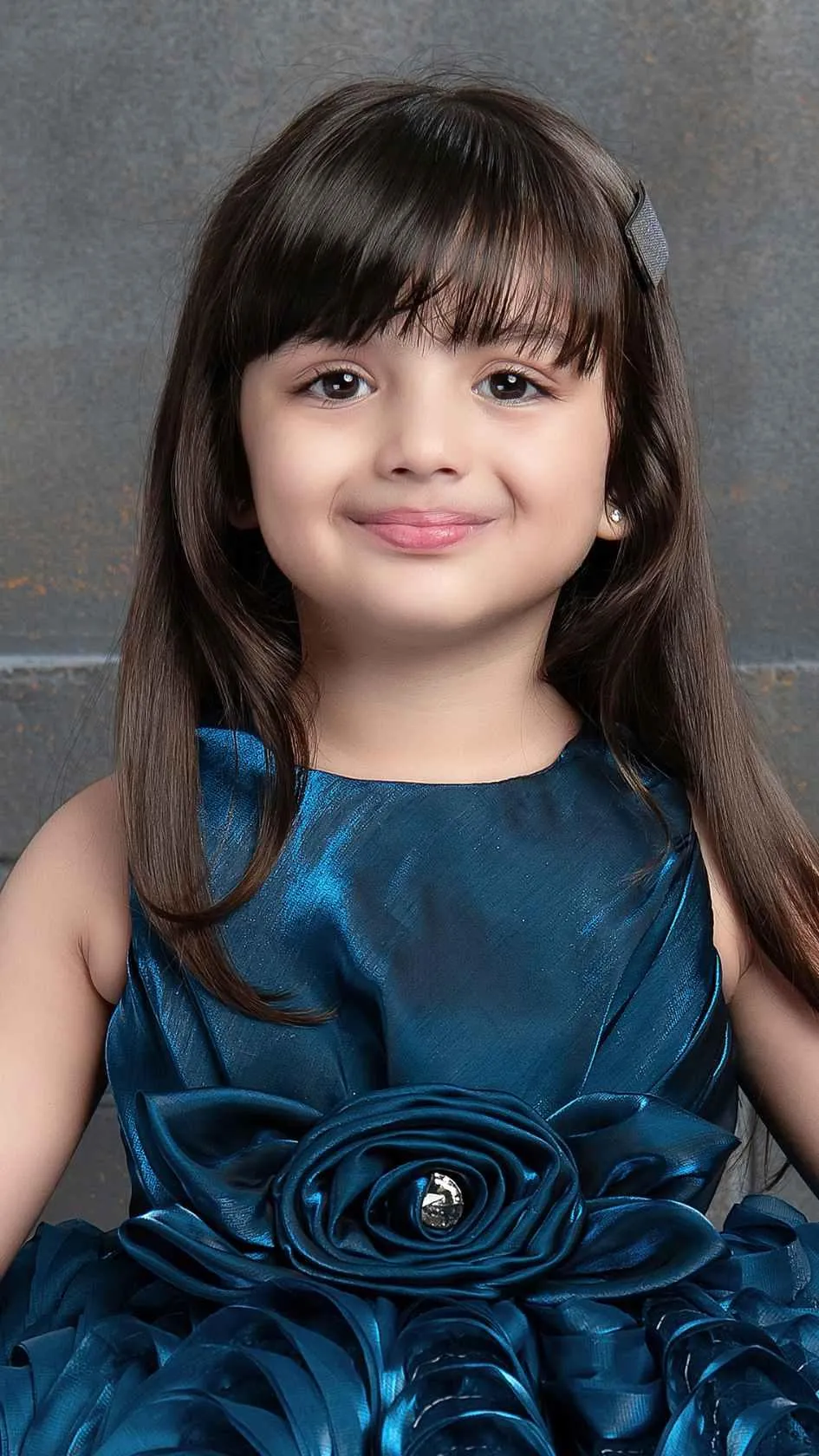 Elegant Blue Satin Multi-layered Party Frock With Floral Embellishment For Girls