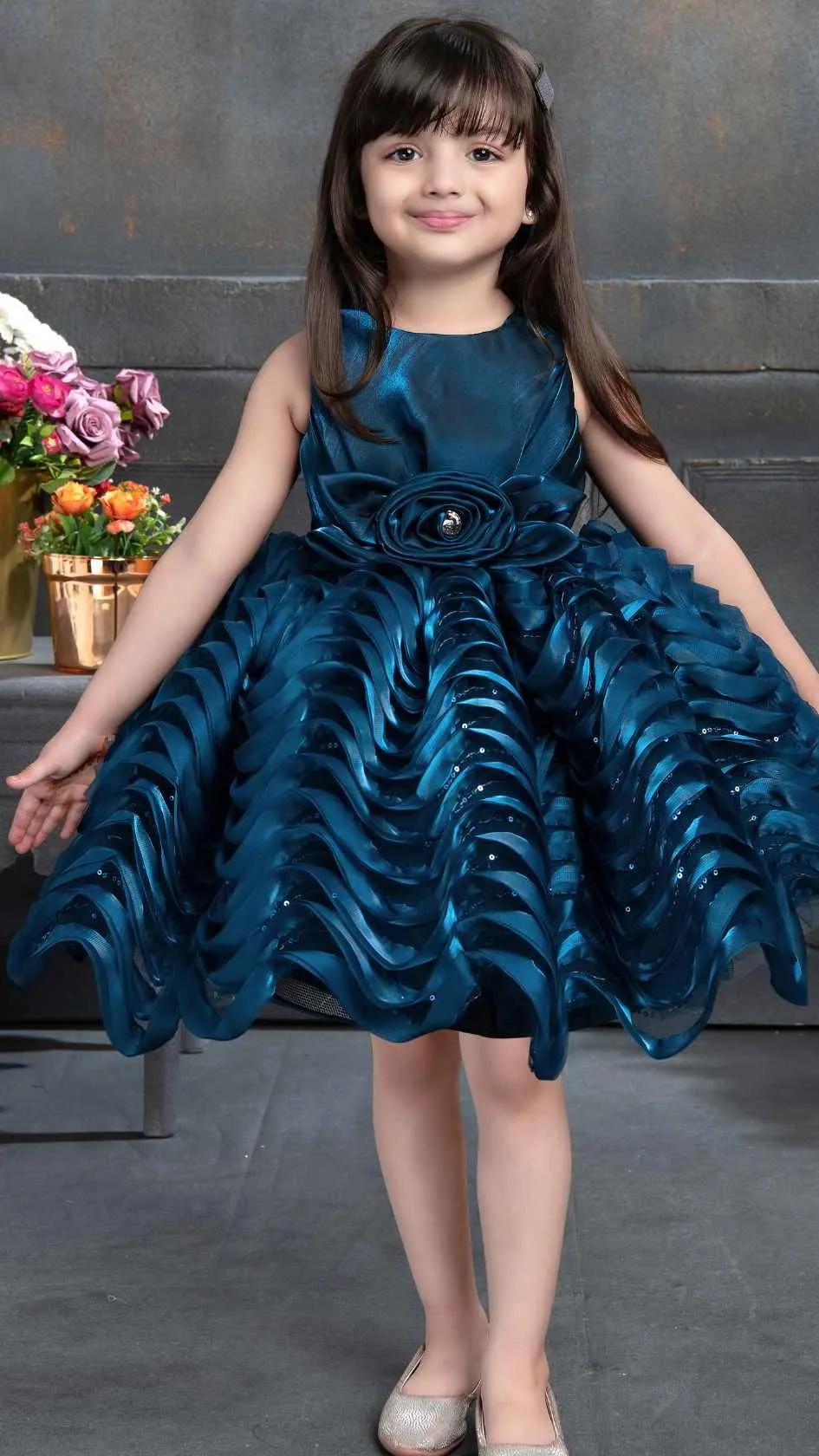 Elegant Blue Satin Multi-layered Party Frock With Floral Embellishment For Girls