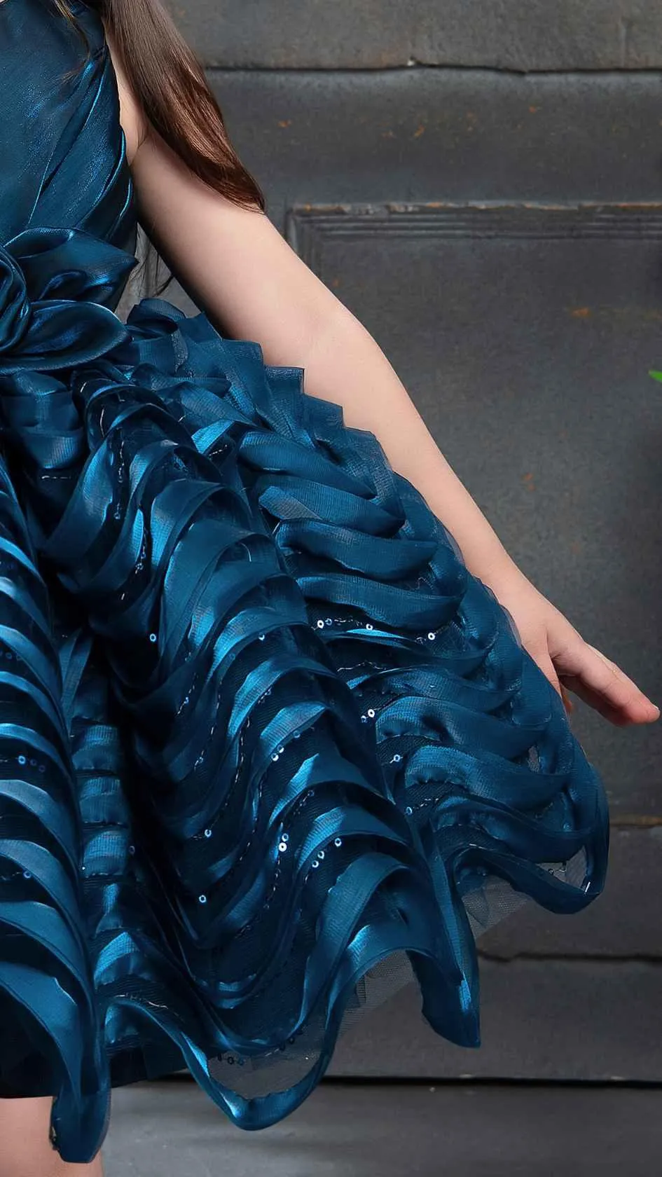 Elegant Blue Satin Multi-layered Party Frock With Floral Embellishment For Girls