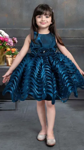 Elegant Blue Satin Multi-layered Party Frock With Floral Embellishment For Girls