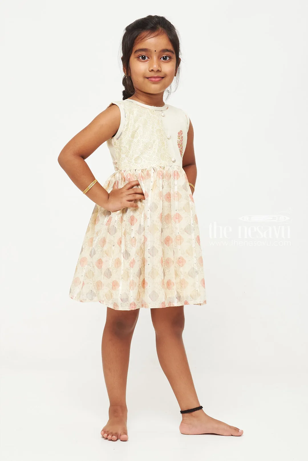 Elegant Chanderi Cotton Frock with Floral Motif for Young Girls
