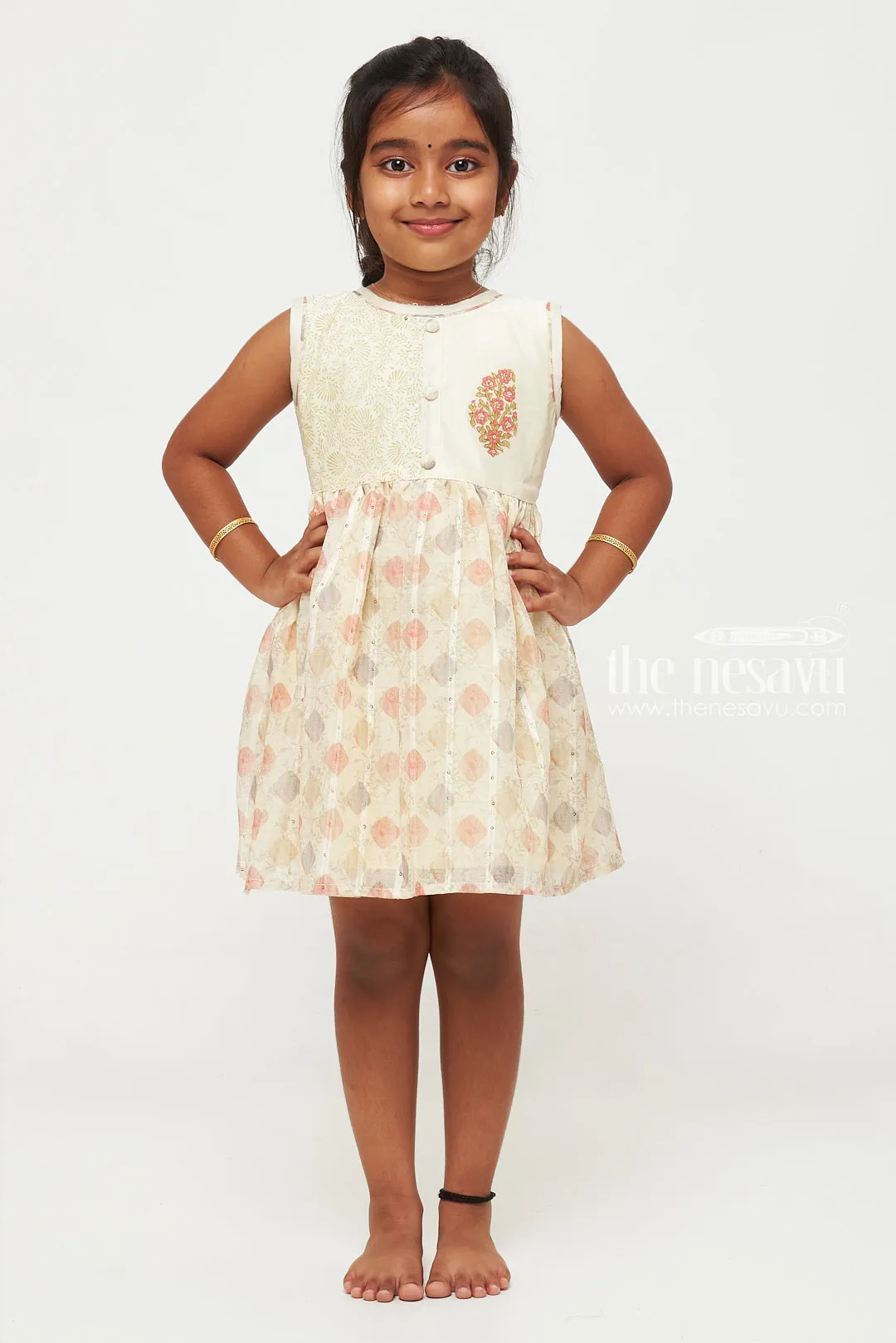 Elegant Chanderi Cotton Frock with Floral Motif for Young Girls