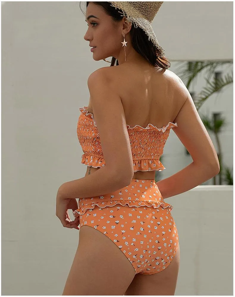 Flowers Printed High Waisted Triangle Two Piece Swimsuits