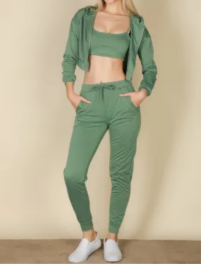 French Terry Cropped Cami With Zip-up Jacket And Joggers Set