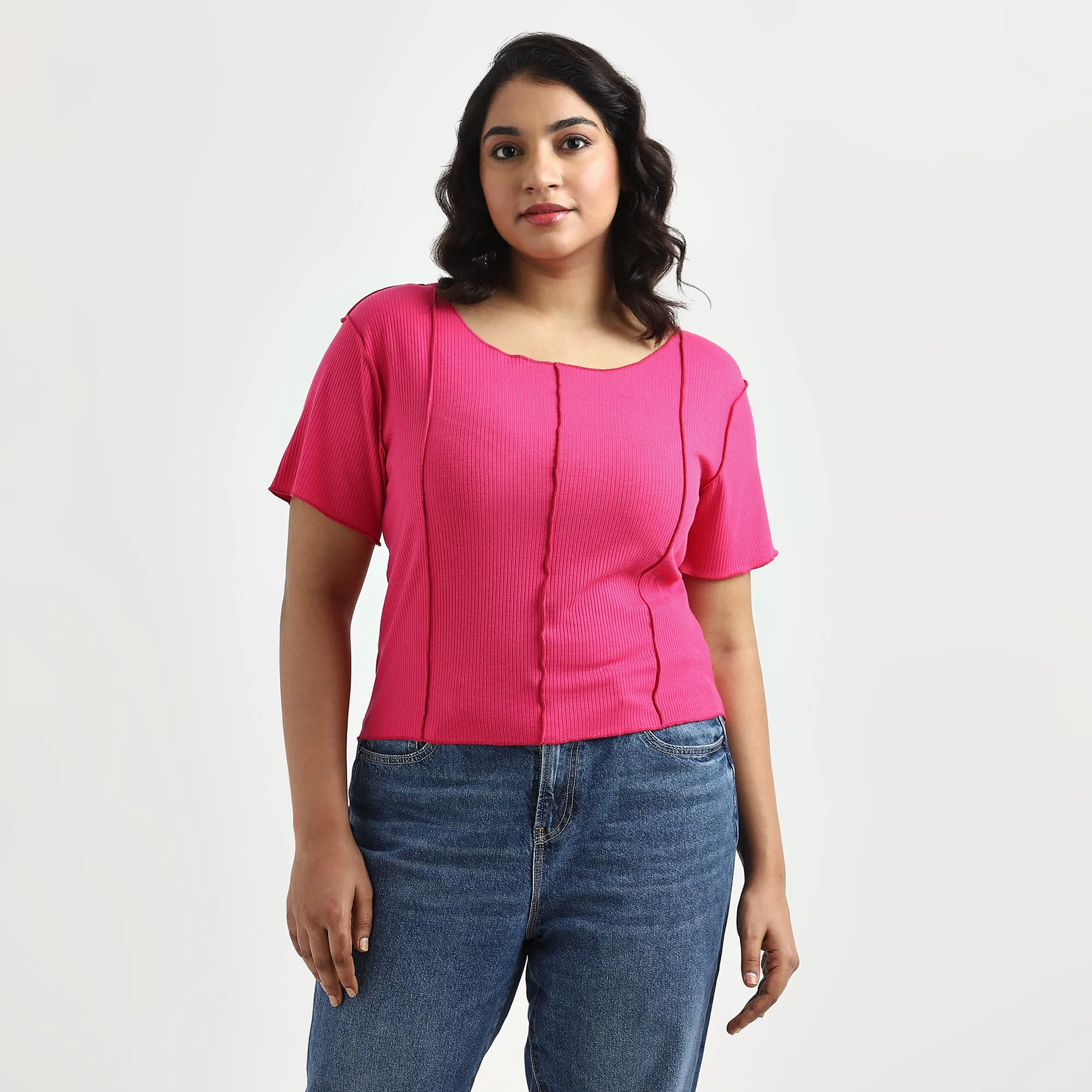 Fuchsia Rib Plus Size Top with Overlocked Detail