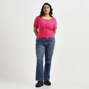 Fuchsia Rib Plus Size Top with Overlocked Detail