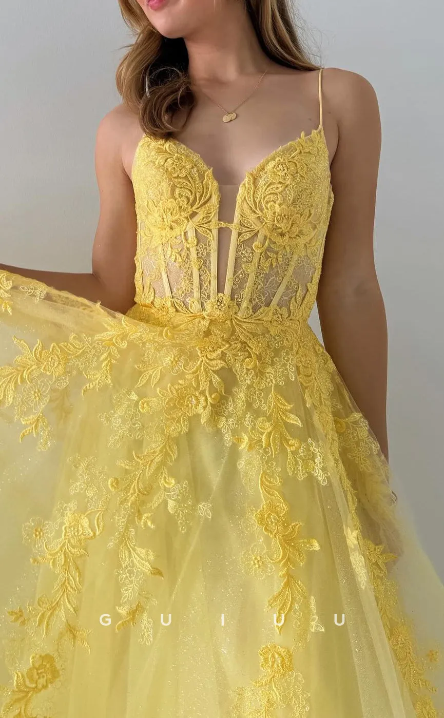 G3160 - A-Line Strapless Straps Sleeveless Appliques Yellow Tulle Long Prom Evening Dress