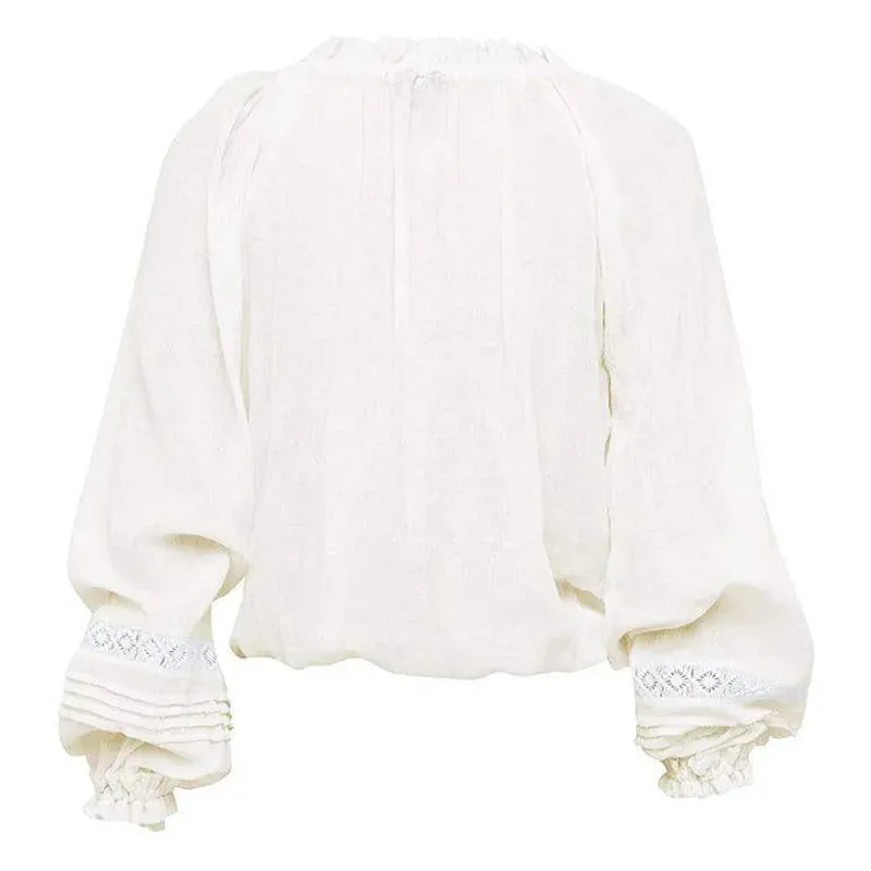 Gardena White Bohemian Blouse Lantern Sleeve V Neck Lace Blouses