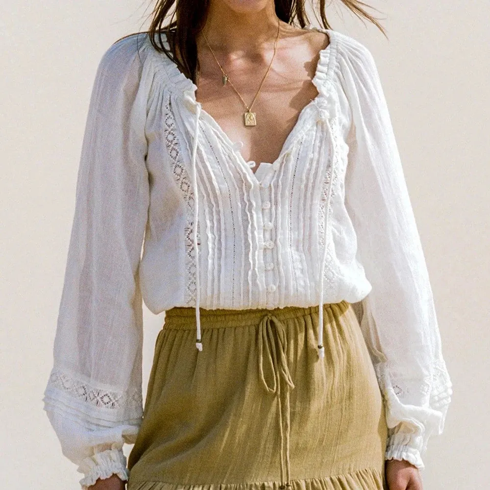 Gardena White Bohemian Blouse Lantern Sleeve V Neck Lace Blouses