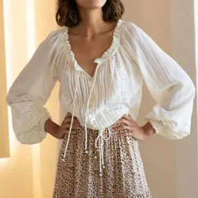 Gardena White Bohemian Blouse Lantern Sleeve V Neck Lace Blouses