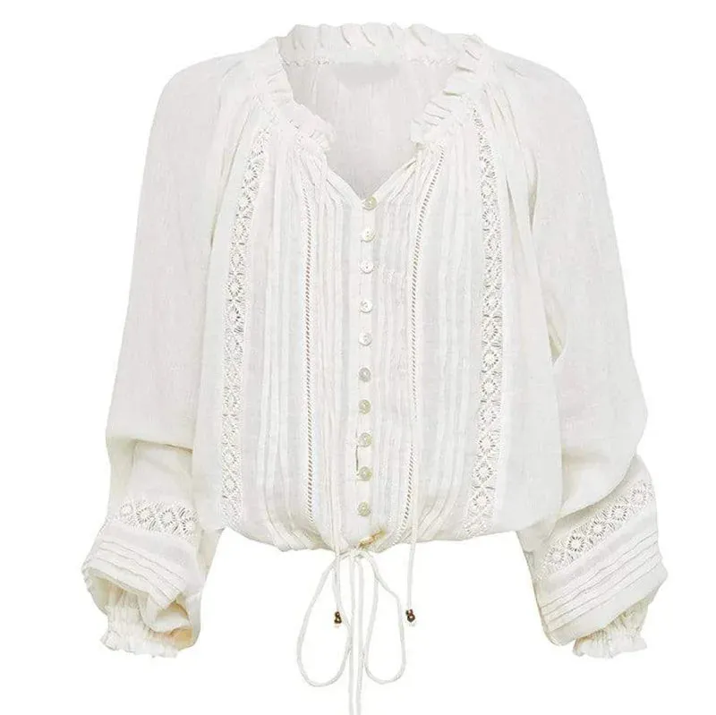 Gardena White Bohemian Blouse Lantern Sleeve V Neck Lace Blouses