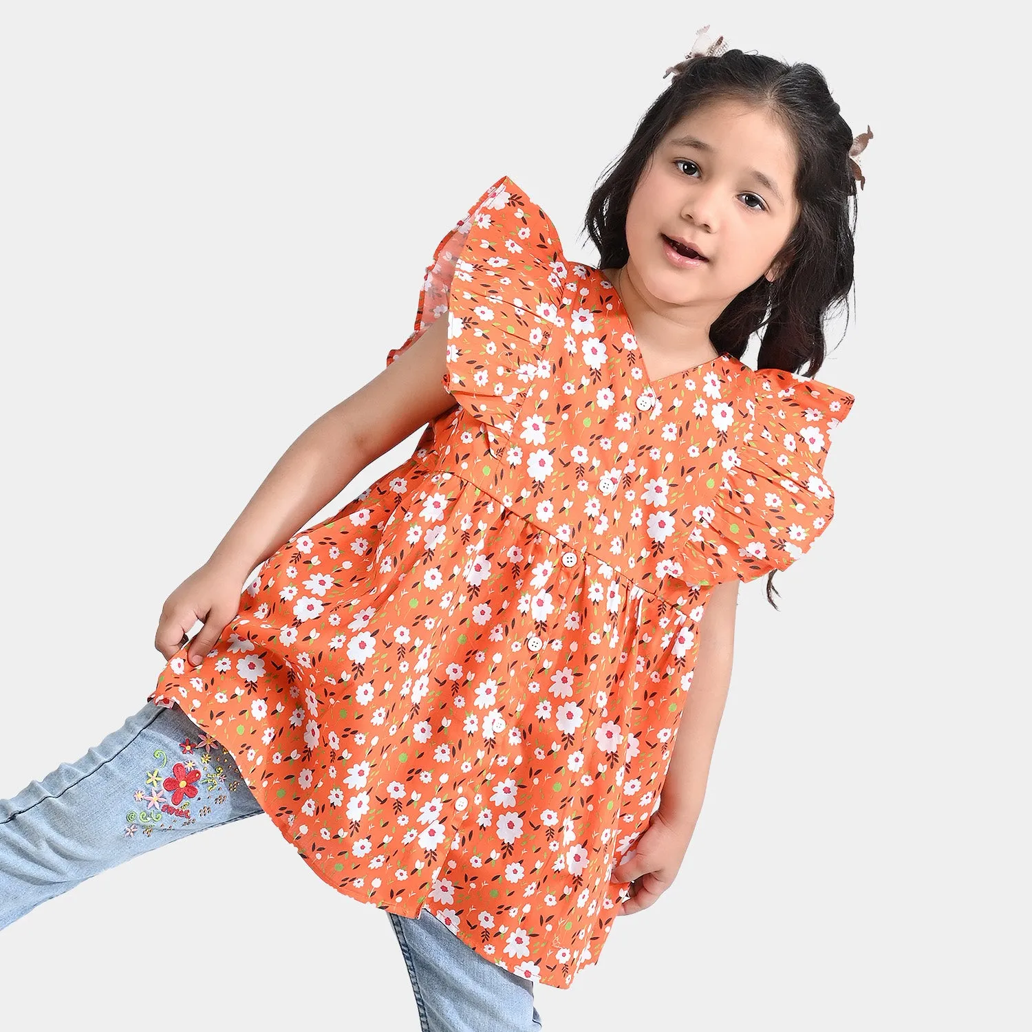 Girls Cotton Poplin Casual Frock Bahaar-ORANGE