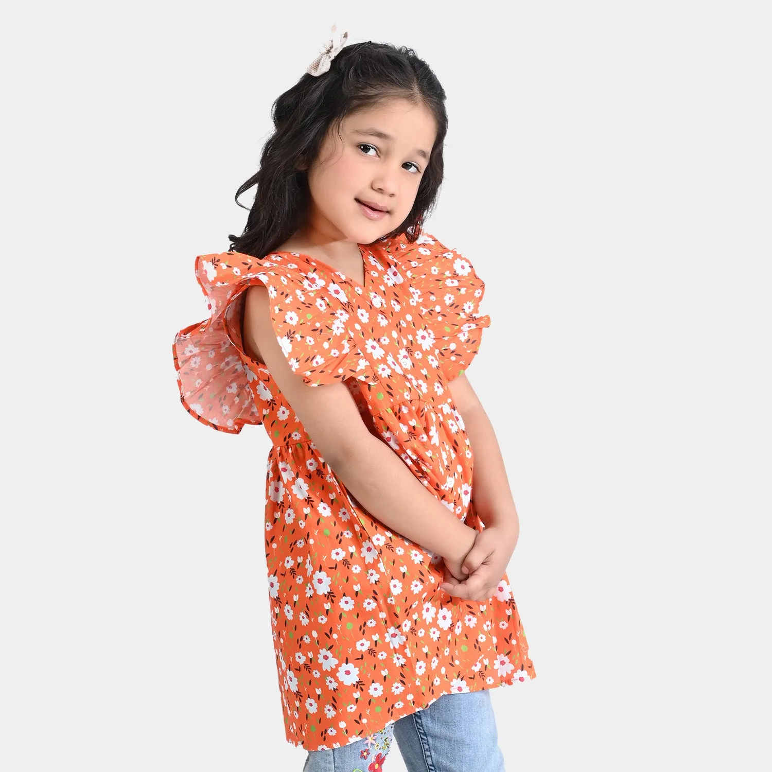 Girls Cotton Poplin Casual Frock Bahaar-ORANGE