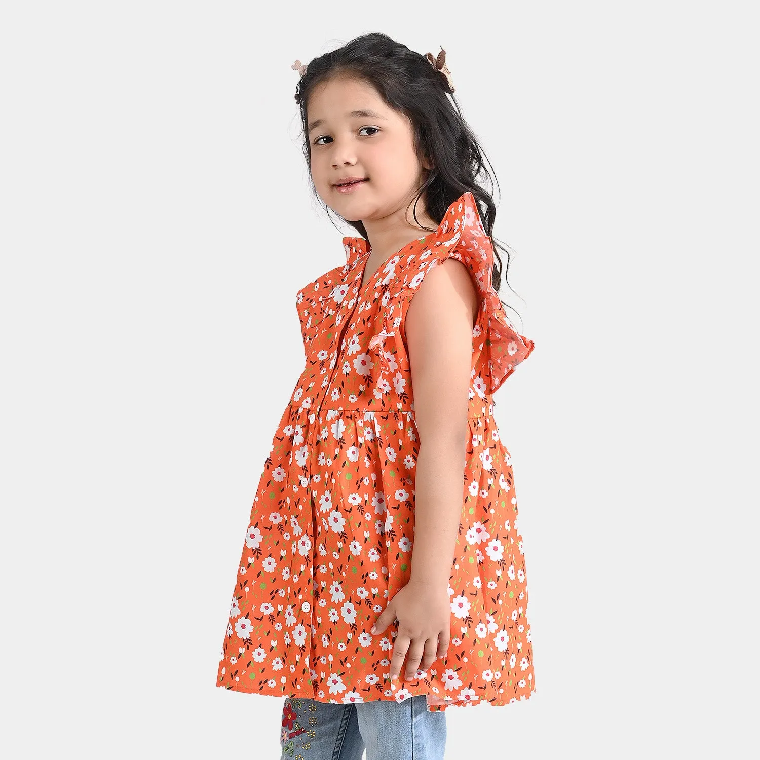 Girls Cotton Poplin Casual Frock Bahaar-ORANGE