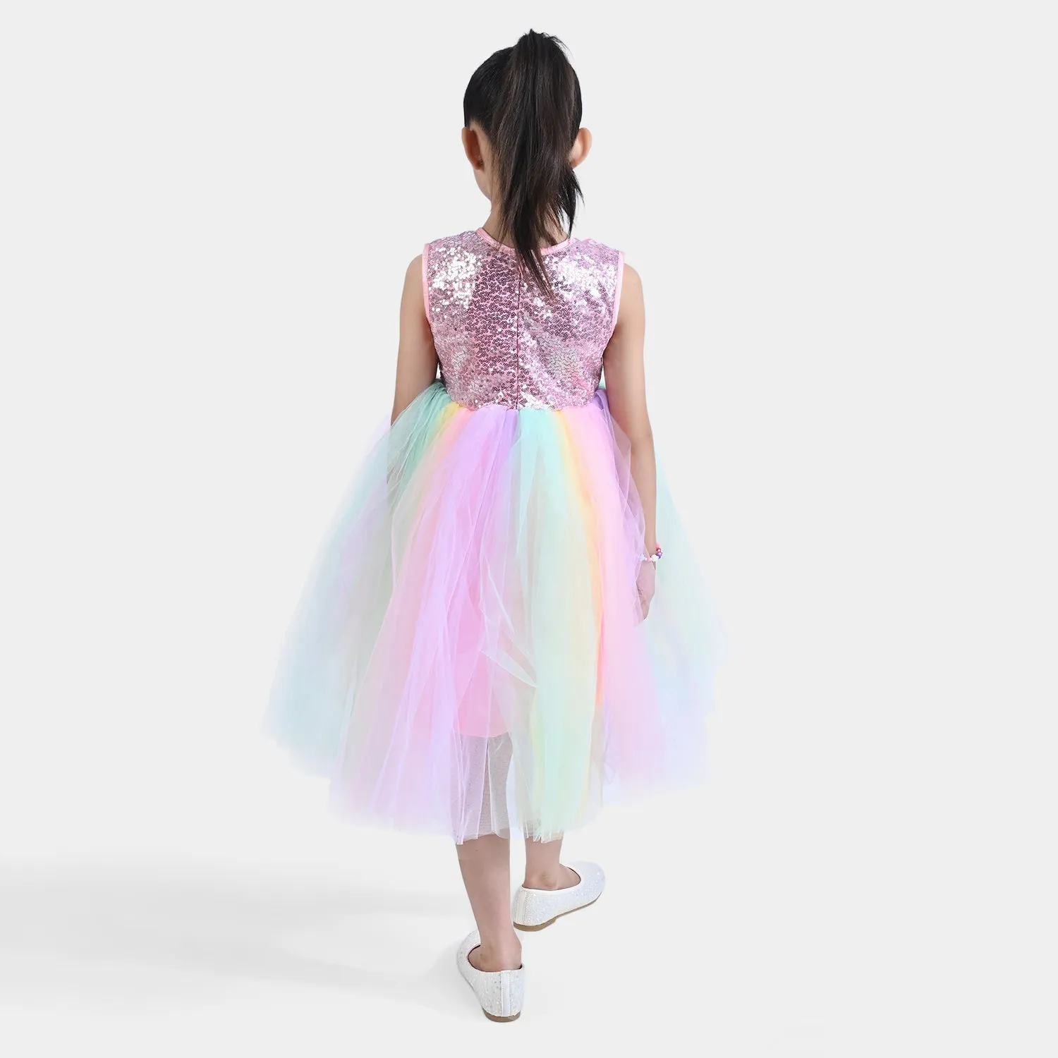 Girls Net Fancy Frock-Multi