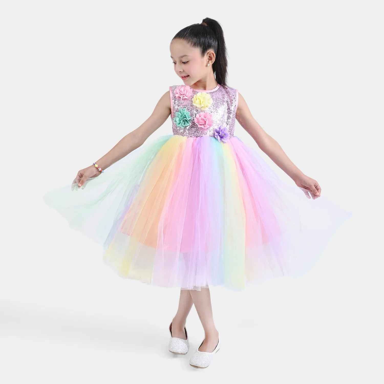 Girls Net Fancy Frock-Multi