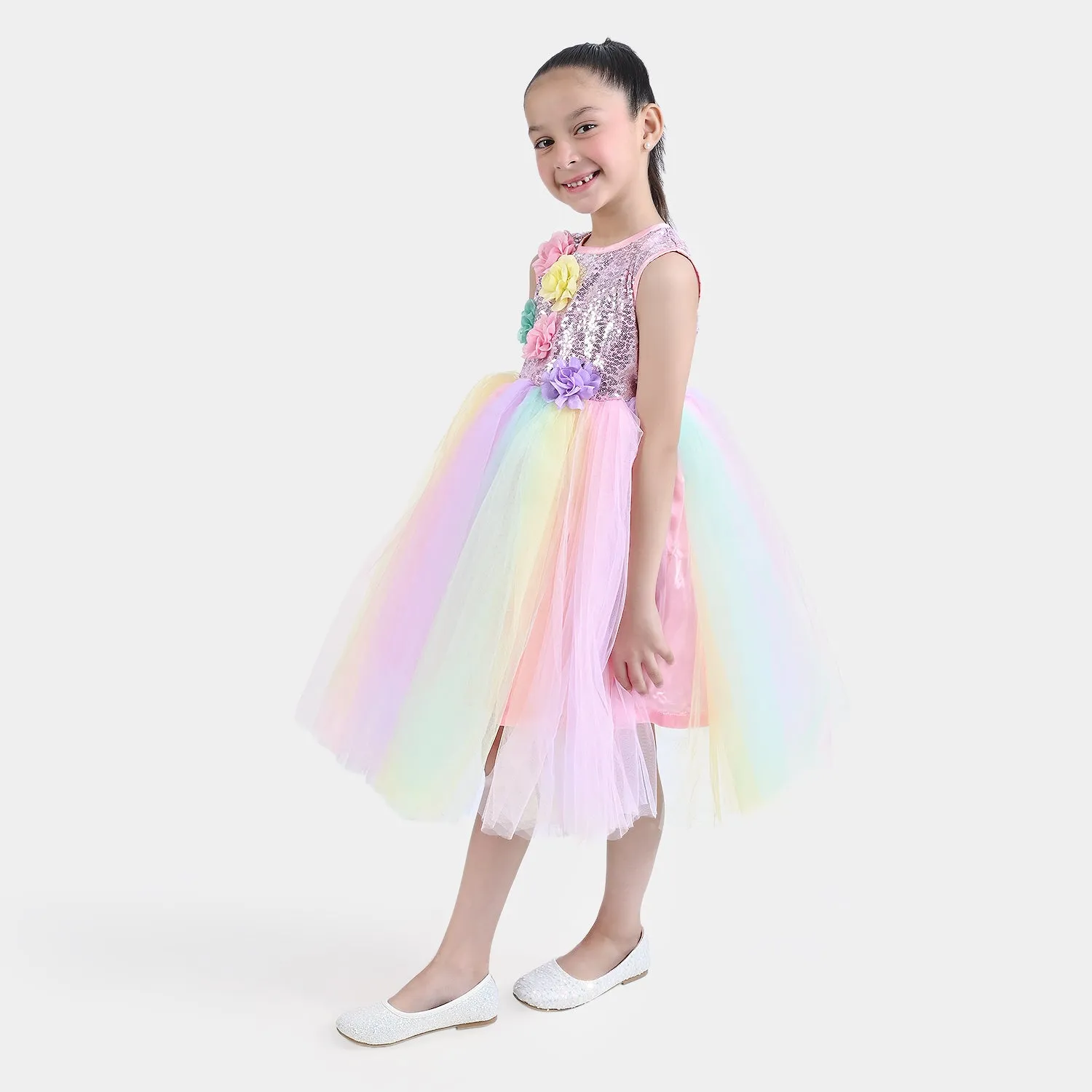 Girls Net Fancy Frock-Multi