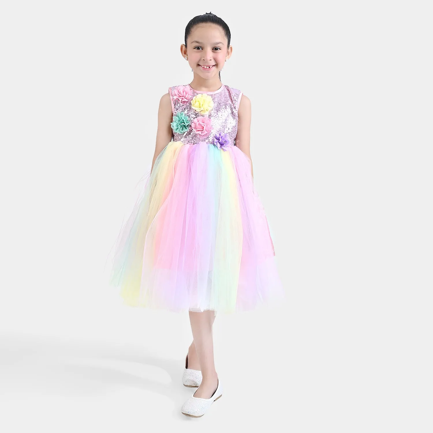 Girls Net Fancy Frock-Multi