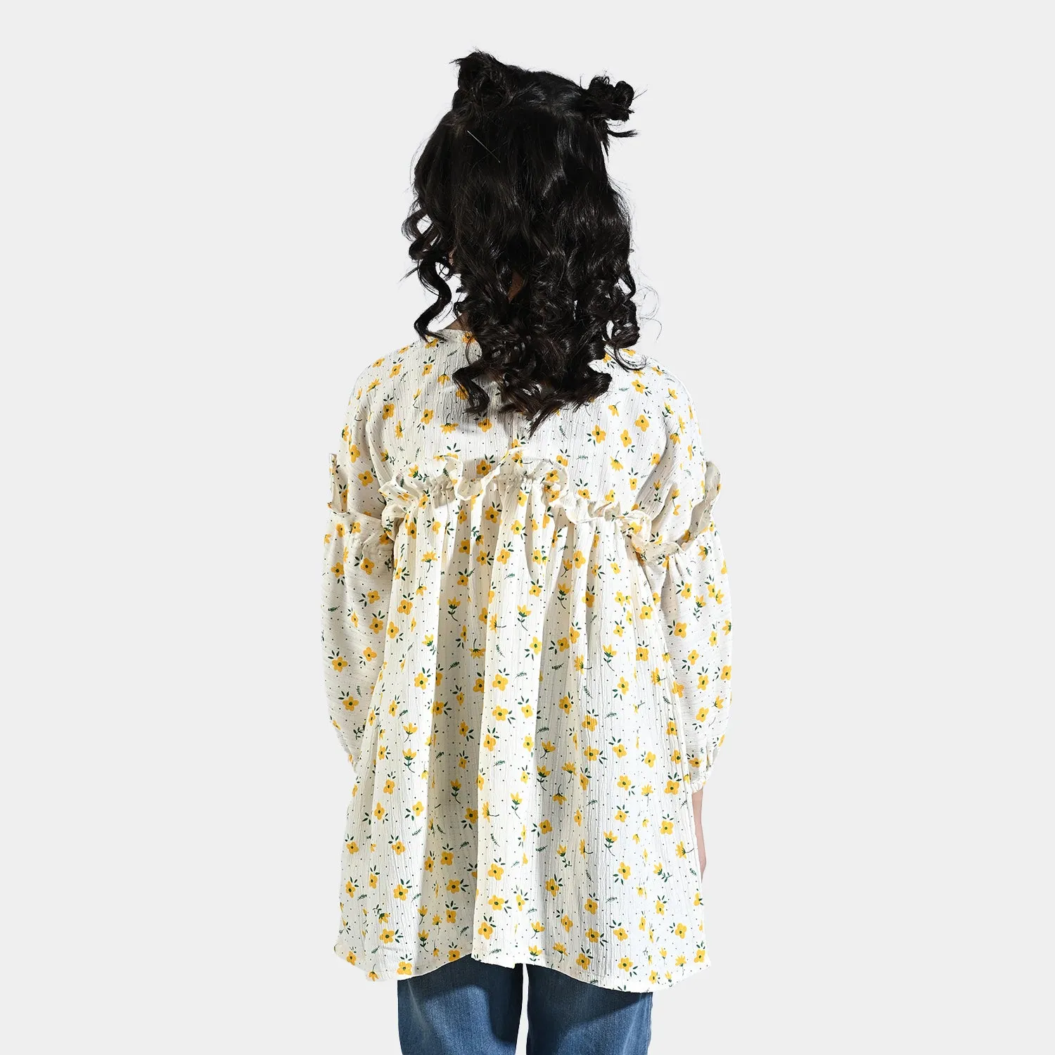 Girls Poly Cotton Casual Frock Ruffled-Off.White