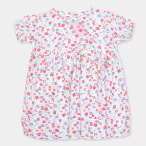 Girls Printed Cotton Frock - White