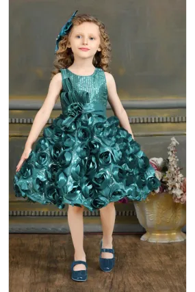 Girls Rama Green Sleeveless Floral Applique Party Dress