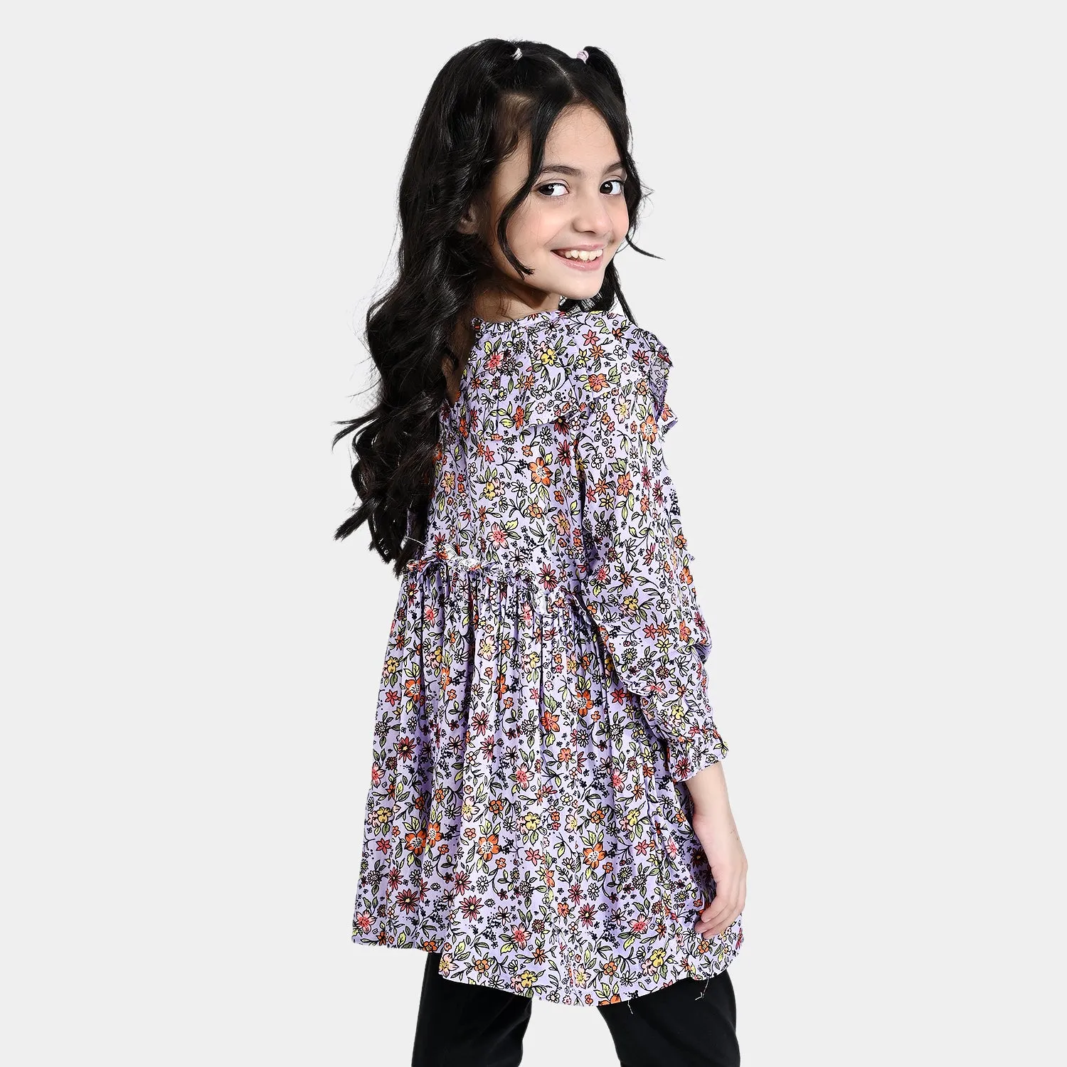 Girls Viscose Casual Frock Fan Flowers-Multi