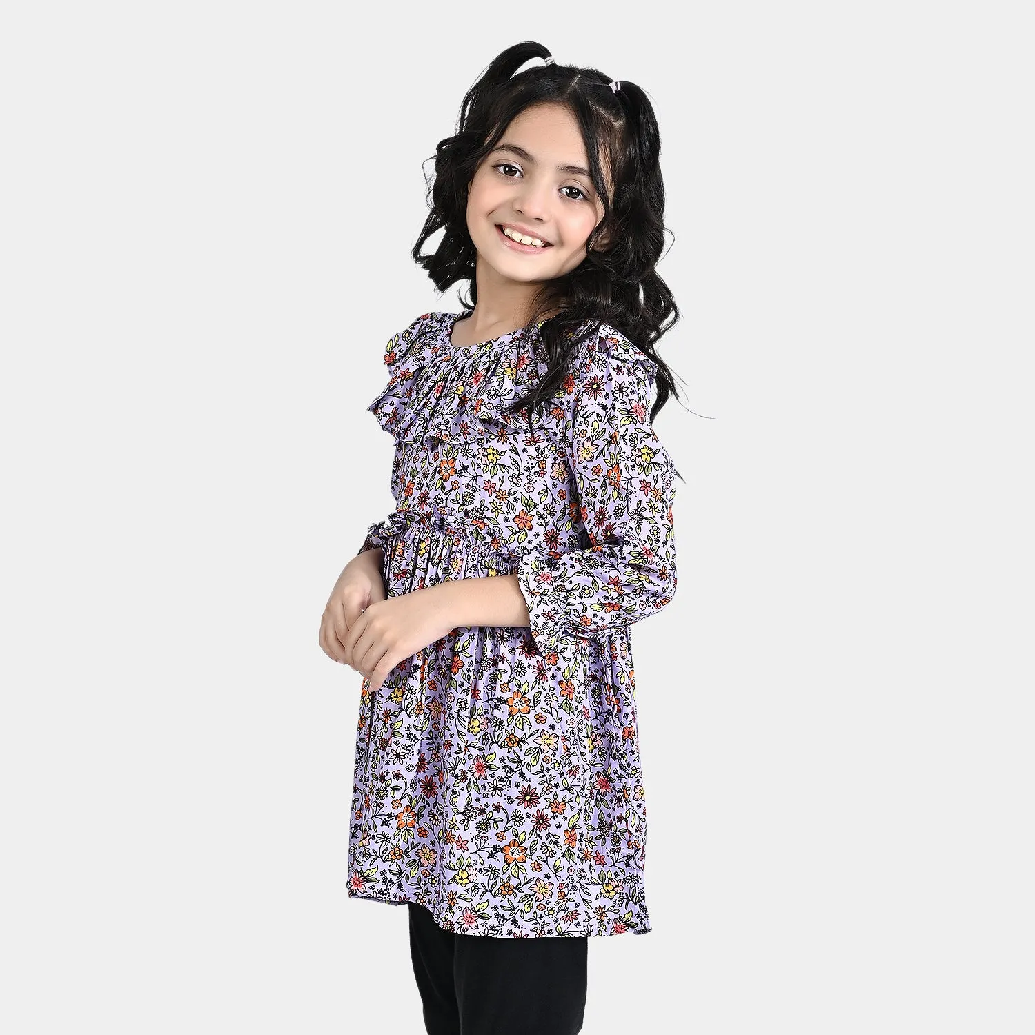 Girls Viscose Casual Frock Fan Flowers-Multi