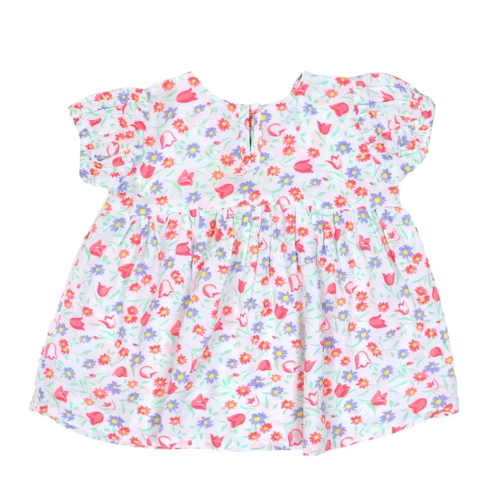 Infant Girls Printed Cotton Frock Floral - White