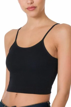 Jamey Ribbed Seamless Cropped Cami With Bra Pads in 3 Colors - Black, White, and Beige