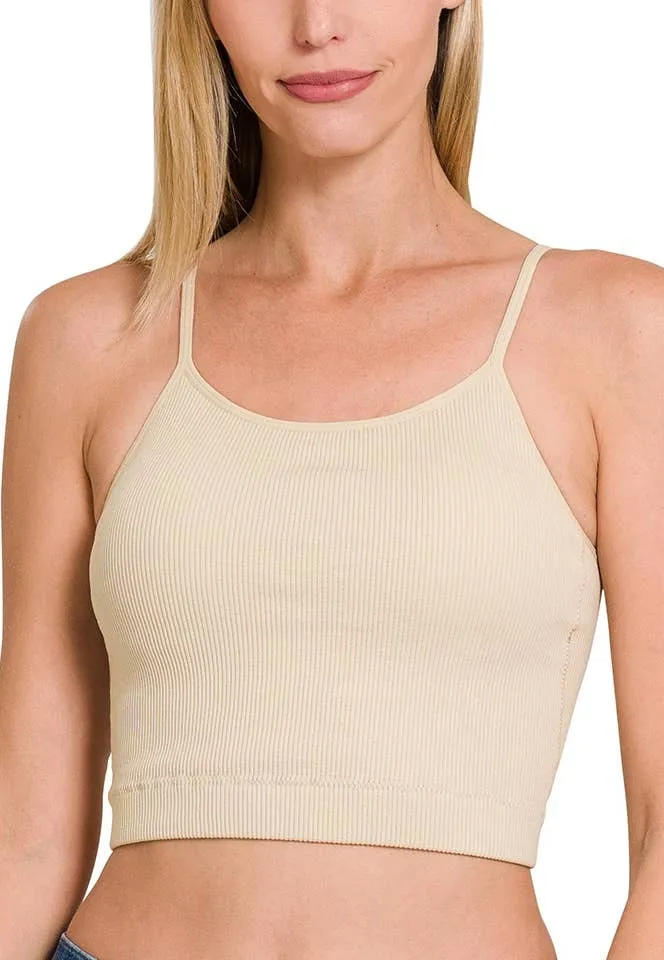 Jamey Ribbed Seamless Cropped Cami With Bra Pads in 3 Colors - Black, White, and Beige