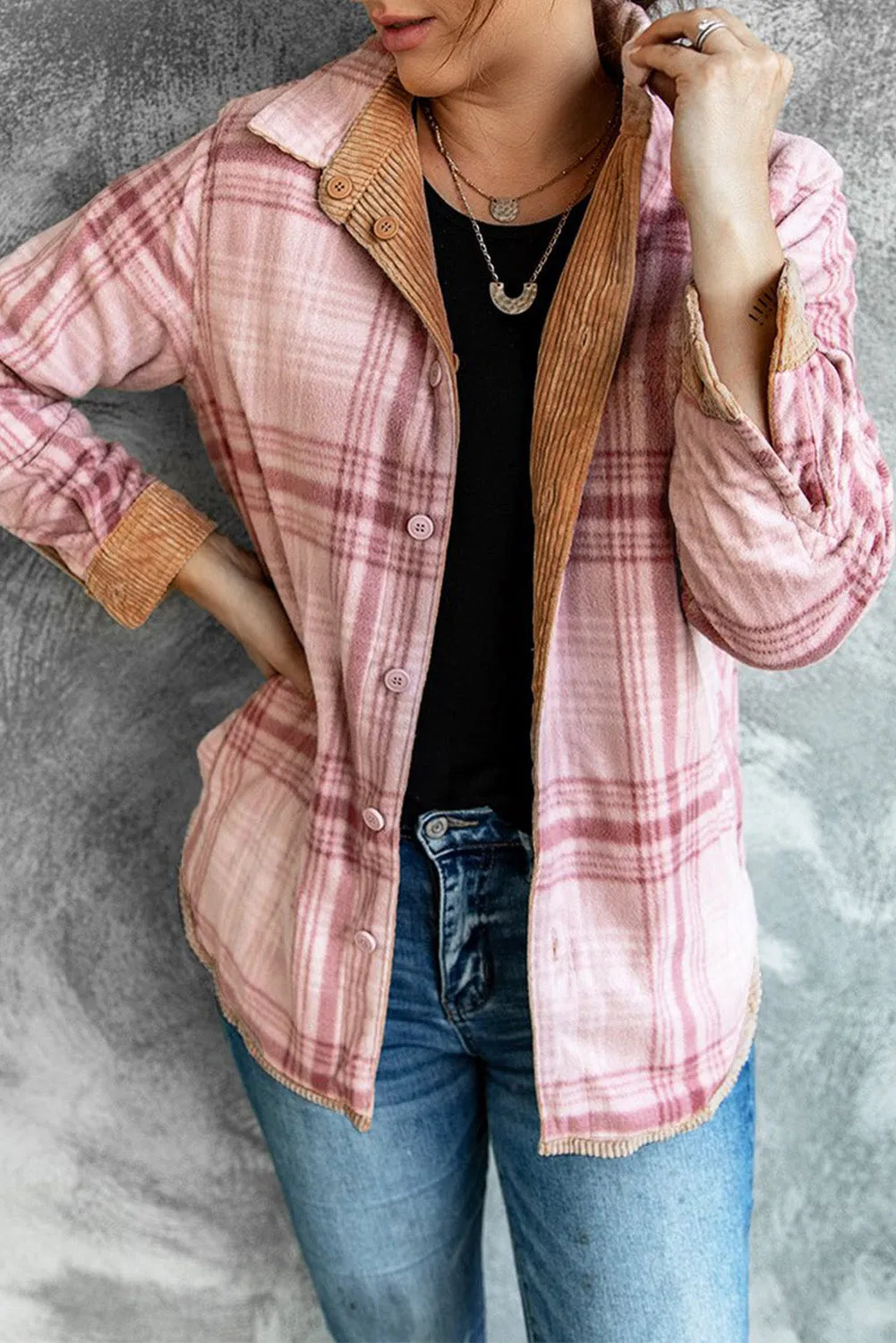 Khaki Plaid Print Buttoned Double Sided Jacket
