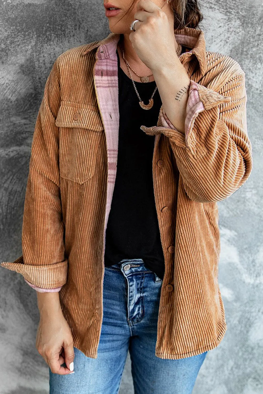 Khaki Plaid Print Buttoned Double Sided Jacket