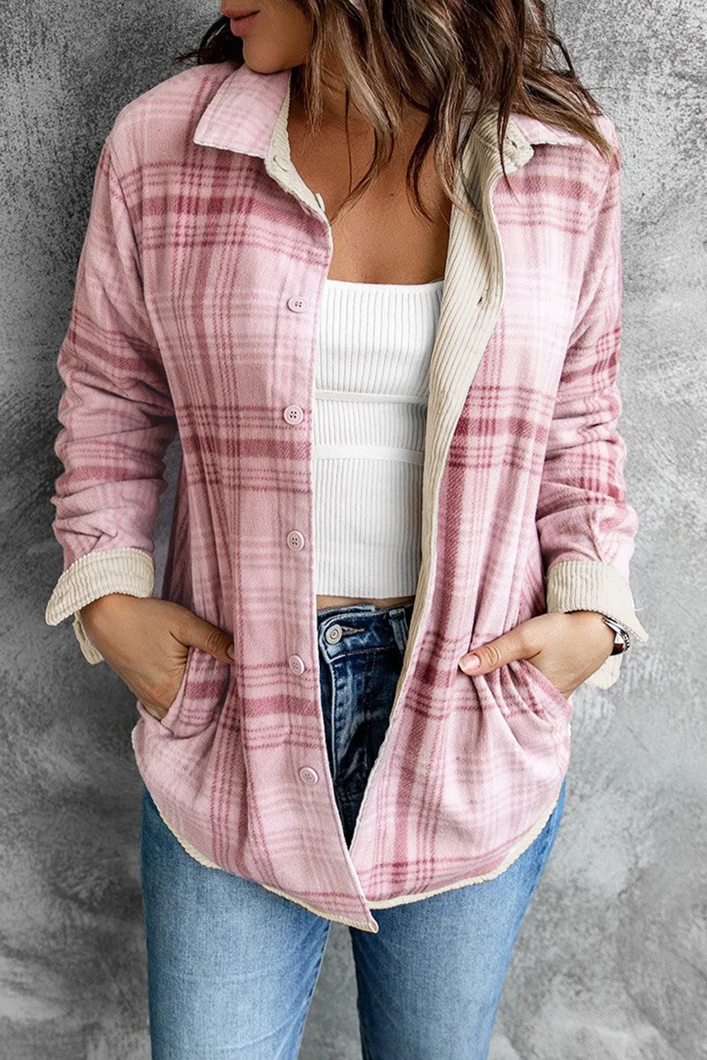 Khaki Plaid Print Buttoned Double Sided Jacket