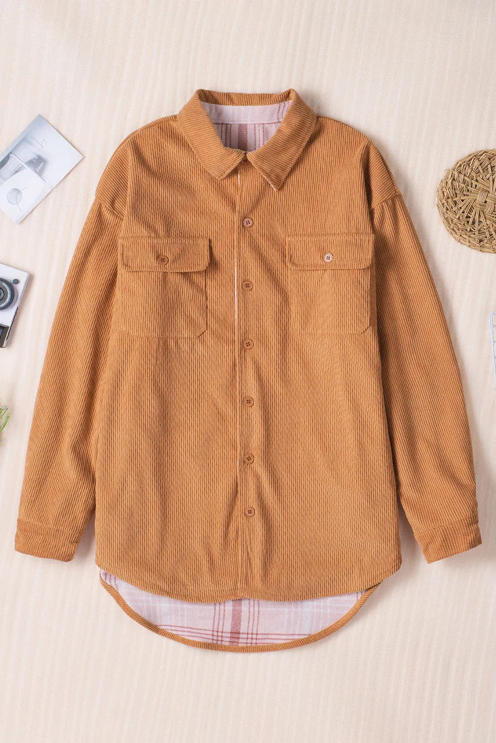 Khaki Plaid Print Buttoned Double Sided Jacket