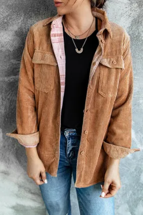 Khaki Plaid Print Buttoned Double Sided Jacket