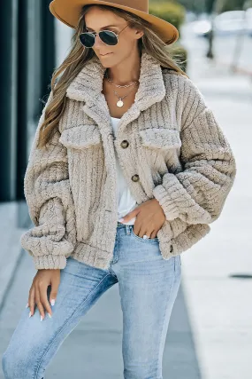 Khaki Plush Fleece Button Up Casual Jacket