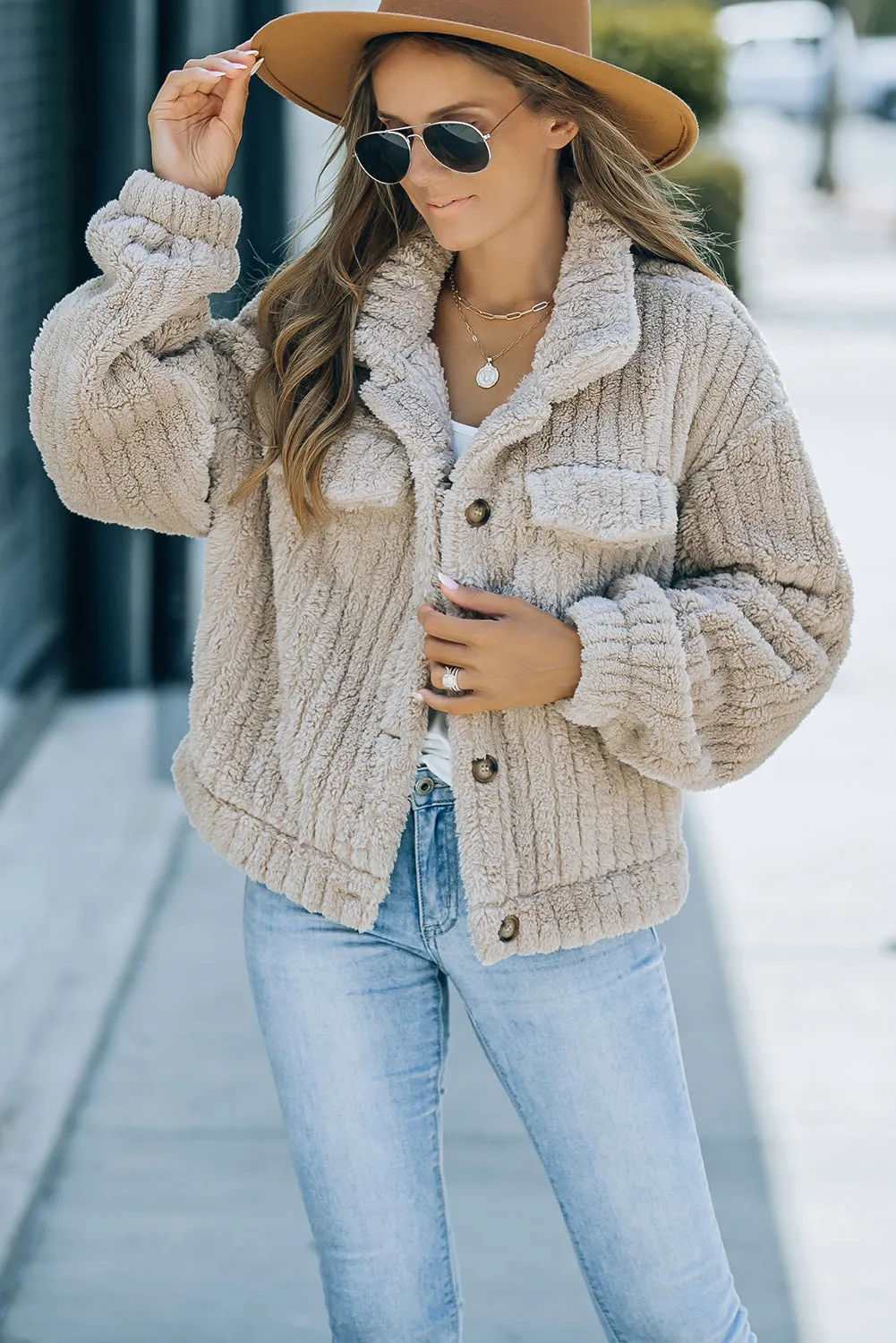 Khaki Plush Fleece Button Up Casual Jacket