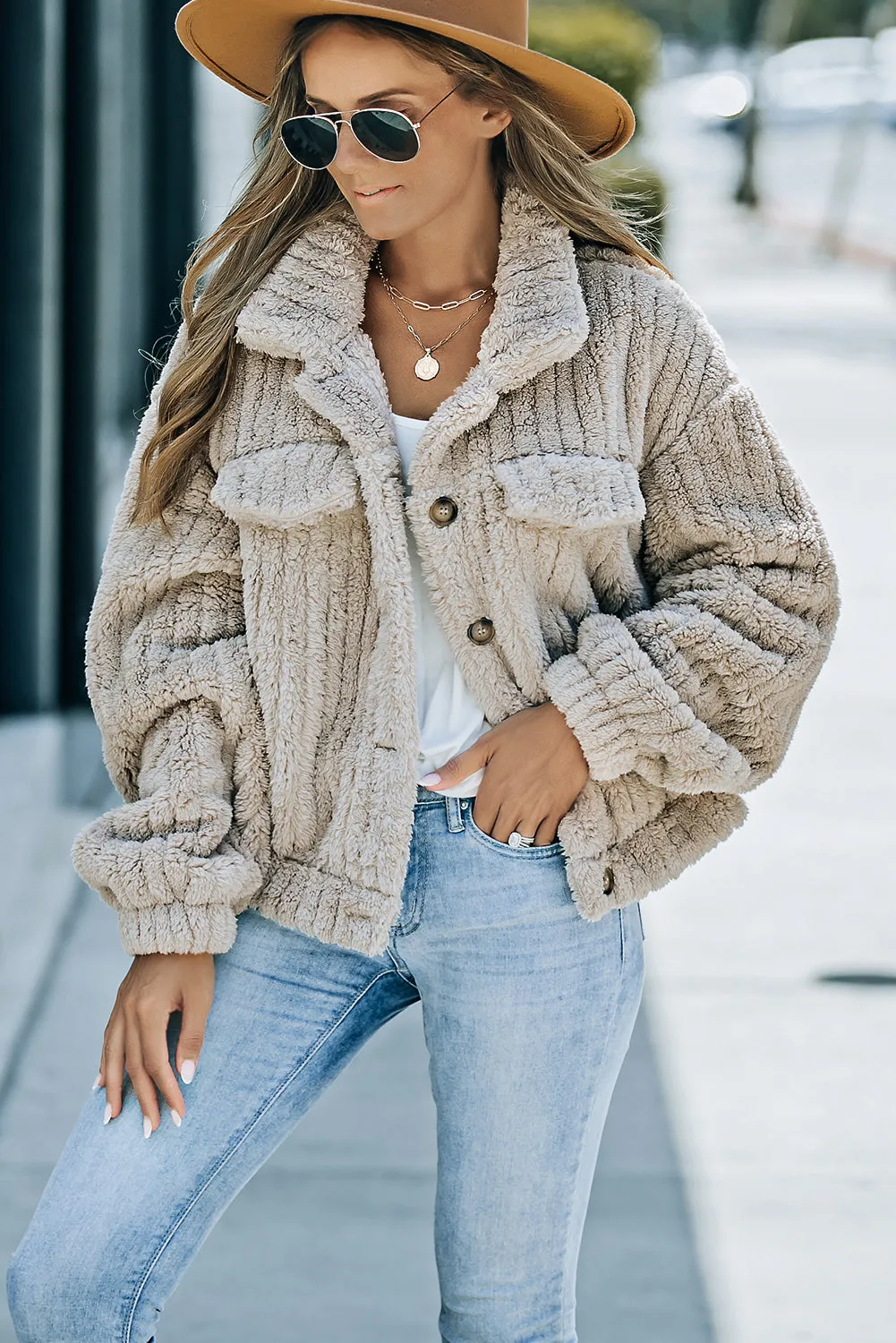Khaki Plush Fleece Button Up Casual Jacket