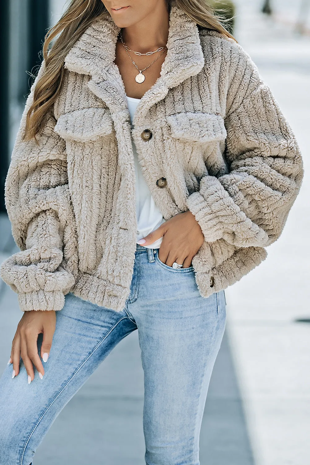 Khaki Plush Fleece Button Up Casual Jacket
