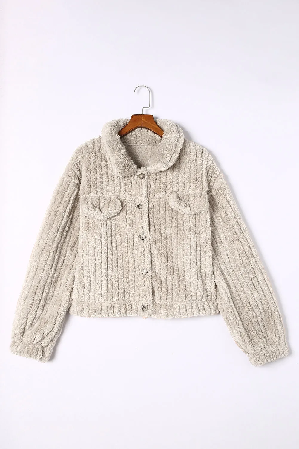 Khaki Plush Fleece Button Up Casual Jacket