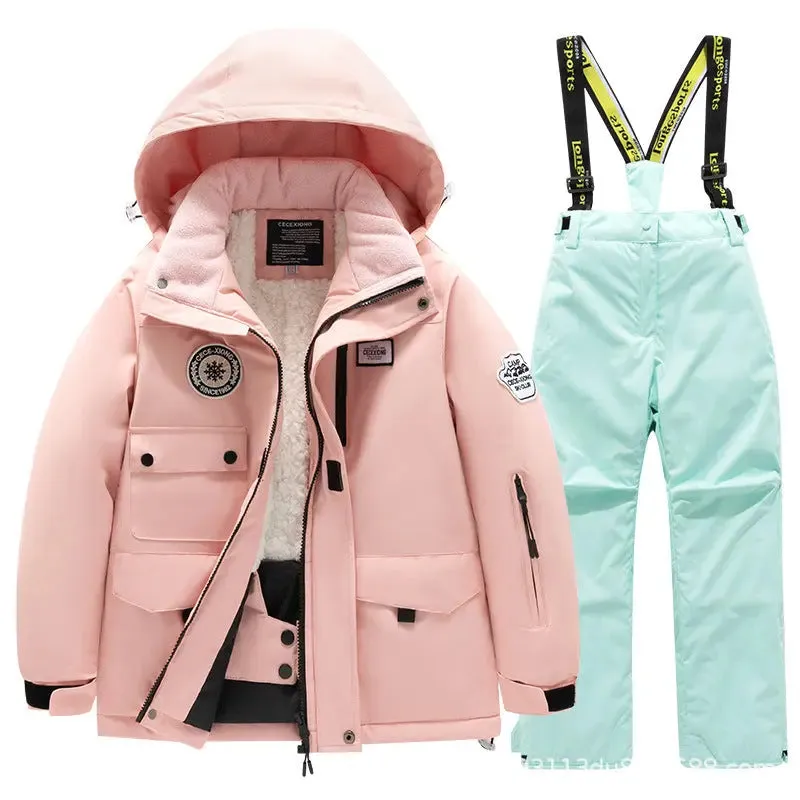 Kids Winter Ski Jacket and Bibs Set Warm Fleece Lined Coats