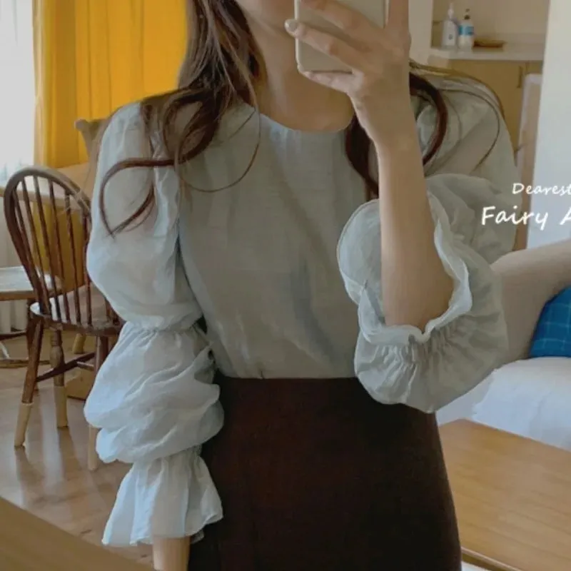 Korean Floral Print Chiffon Long Slim Blouse