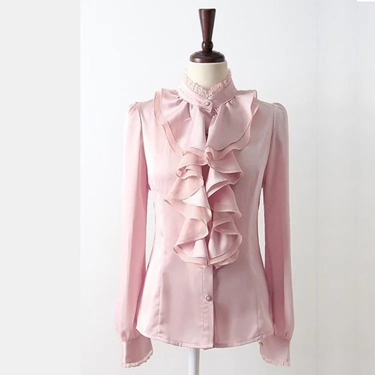 Lace Patchwork Chiffon Falbala OL Long Sleeves Blouse